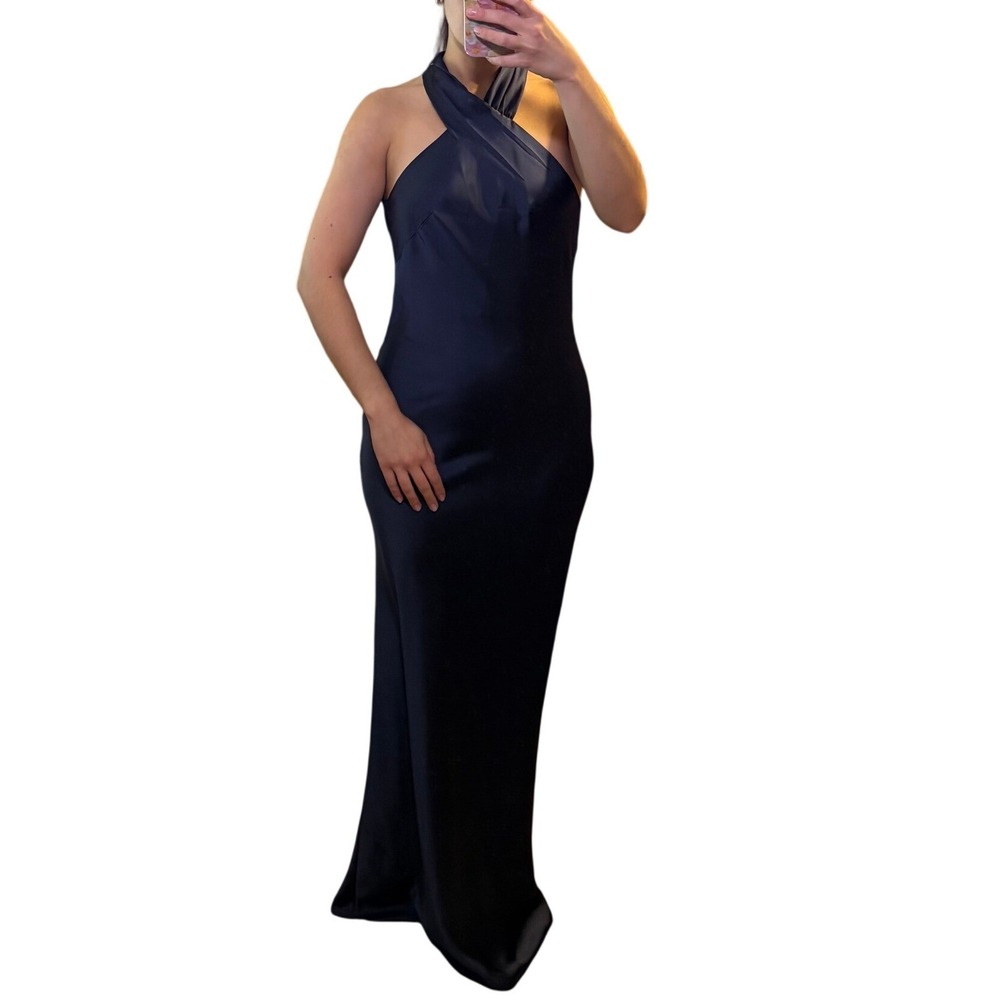 Lovely Bride Maxi Dress Womens Midnight Navy Blue Halter Open Back‎ Satin Gown